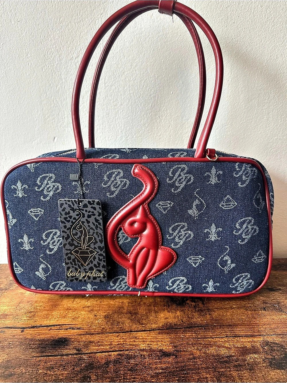 Baby Phat Dark Denim Blue with Red Faux Leather Trim & Handles Satchel Bag NWT